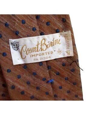 Vintage Necktie Count Barini Brown Blue Polka Dot Tie 100% Polyester 56" 1970's
